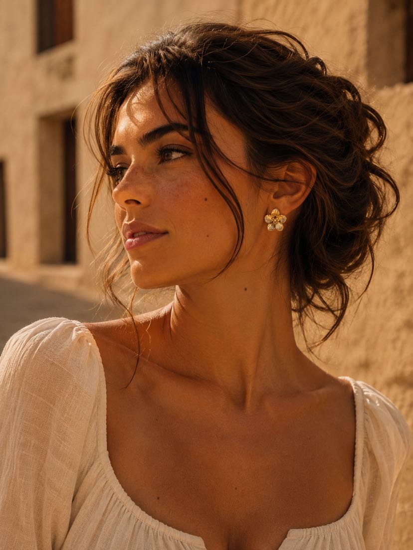 Portrait brune golden hour, chignon flou avec mèches sauvages, peau dorée et taches de rousseur, blouse en lin blanc, profil contre un mur en pierre ocre, boucle Estrella fleur dorée visible à l'oreille