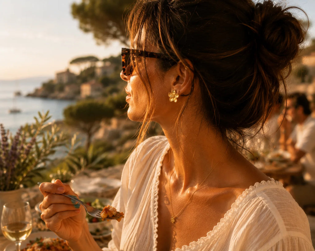 Profil féminin au coucher du soleil, lunettes en écaille, peau dorée, boucle Estrella portée, dîner sur une terrasse en bord de mer méditerranéenne, voiliers à l'ancre